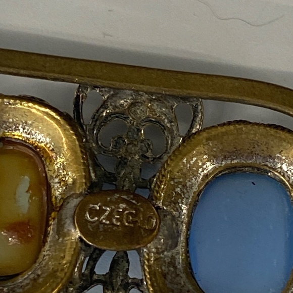 CZECH Art Deco Filigree Brooch – Opalescent Blue Glass | Wedding Something Blue - Picture 8 of 16